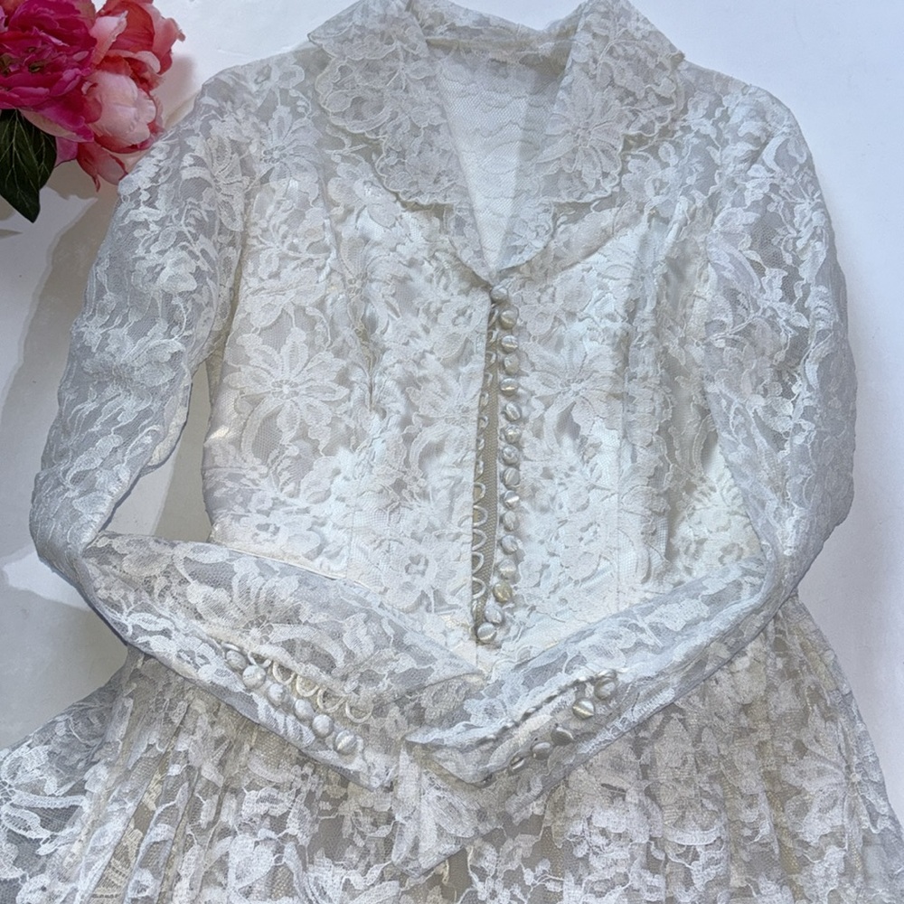Lace Wedding Dress Vintage 1950s Collar Lace & Satin Wedding Long Sleeve
